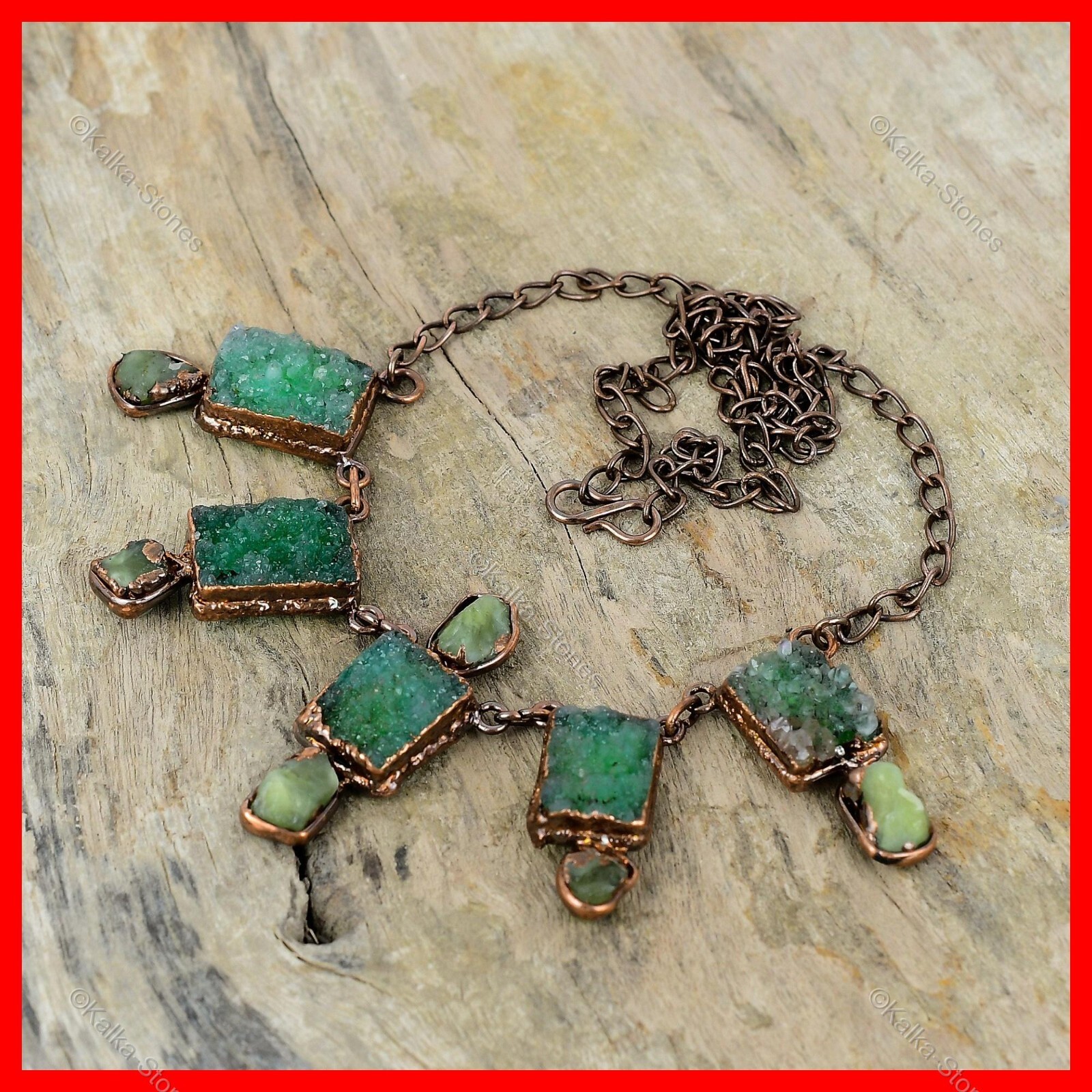 Green Druzy Gemstone Aquamarine Rough Copper Chain Bezel Electroformed Necklace