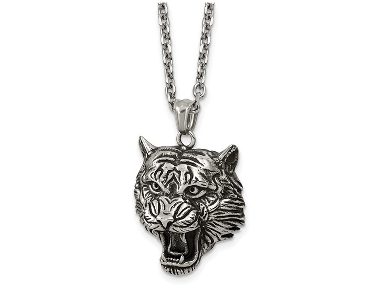 Stainless Steel Tigers Head Pendant Necklace with Chain (24 Inches)