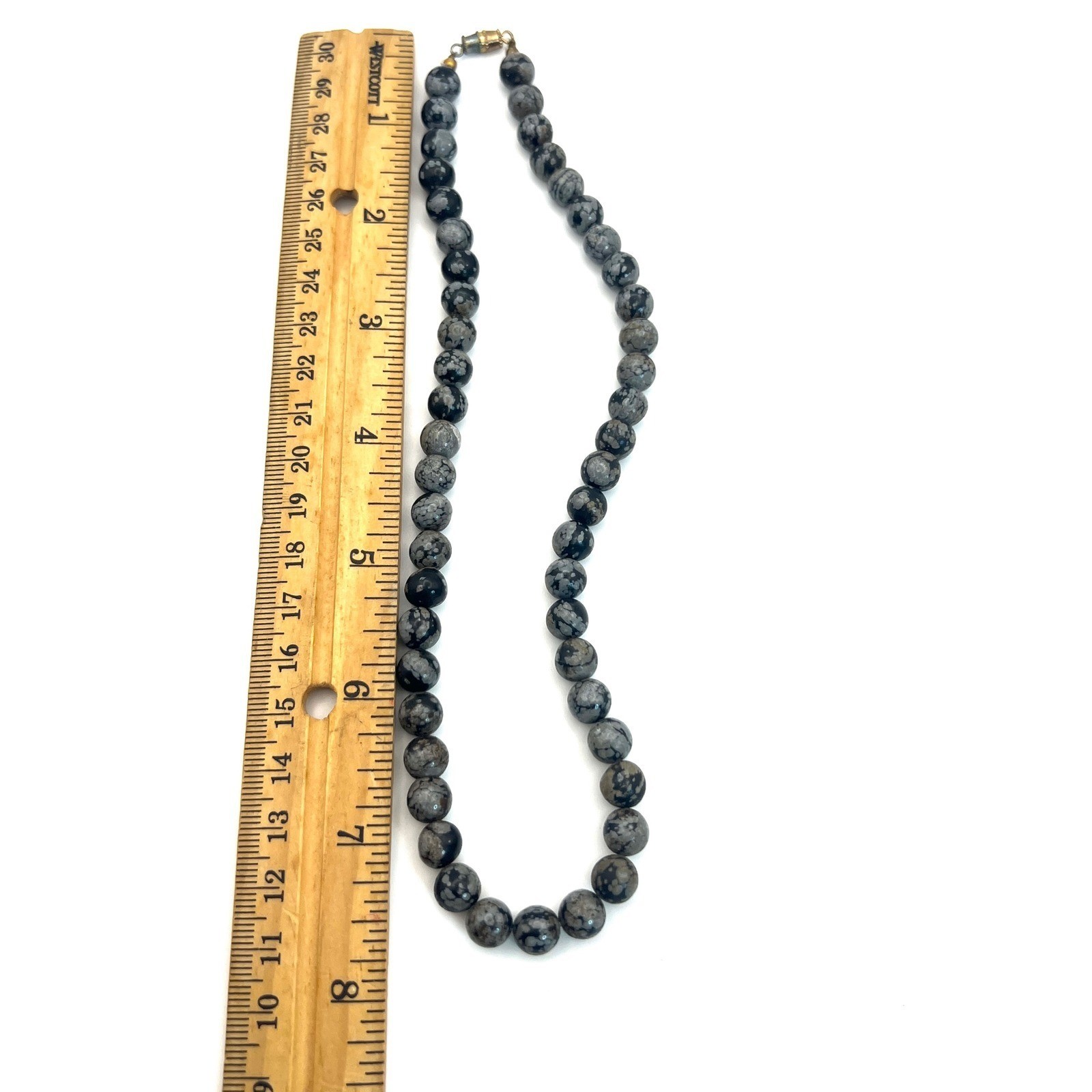 Snowflake Obsidian Beaded Necklace Black Grey Natural Stone 16 Inch Gold Clasp