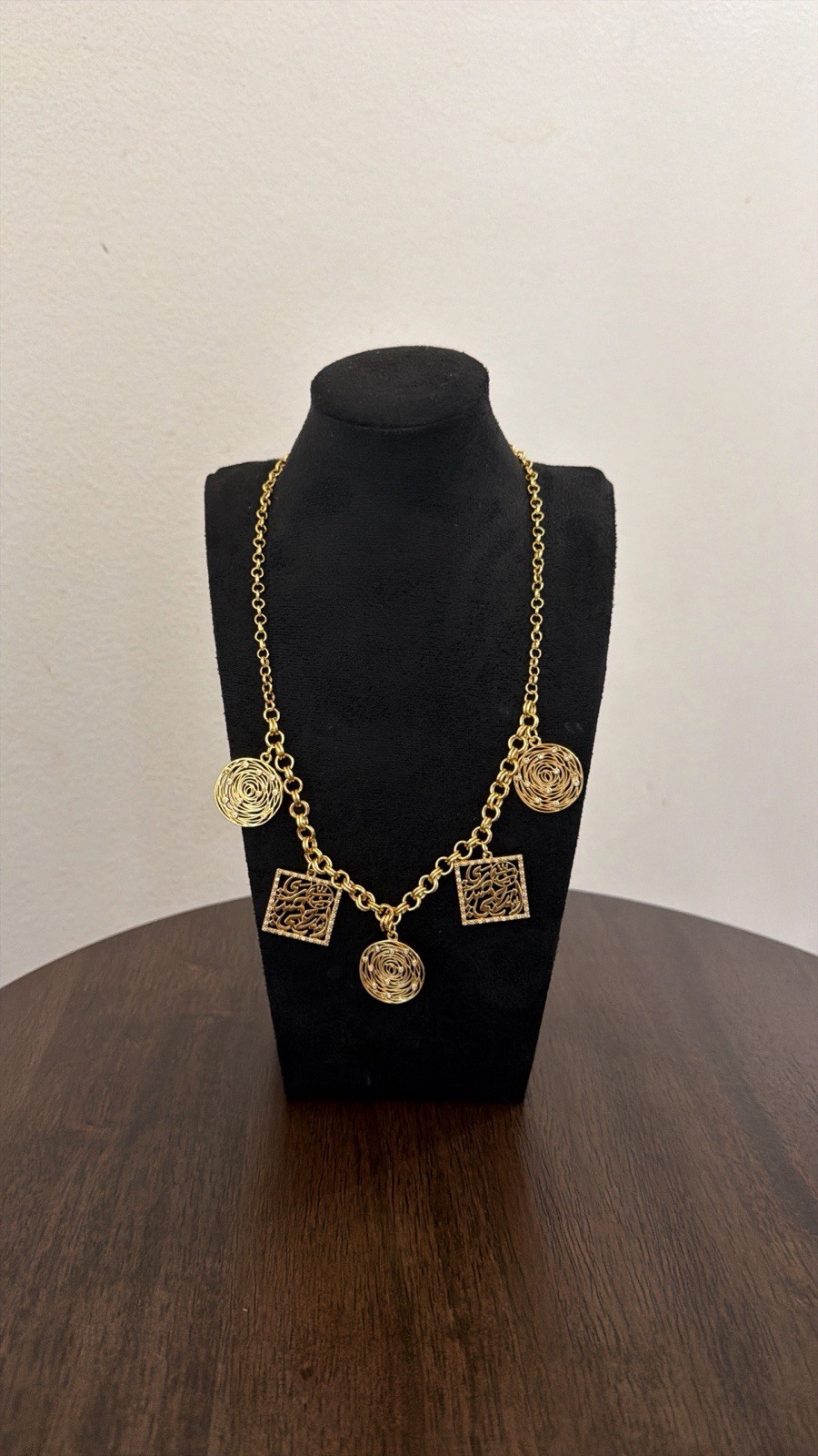 Gold Tone Cable Chain Charm Necklace Filigree Square & Disc Pendants Metal
