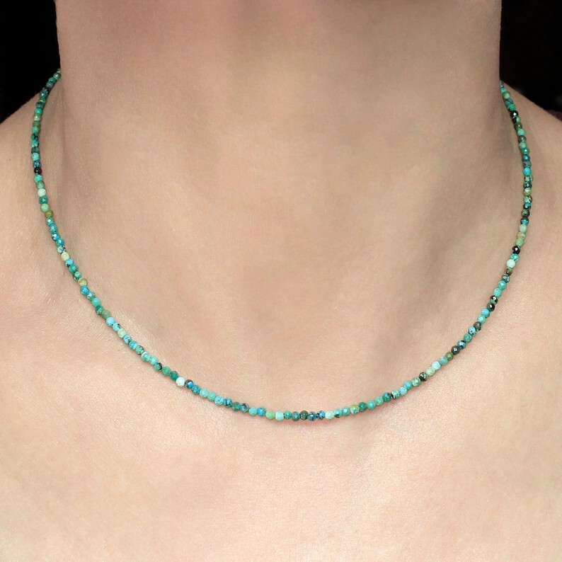 Natural Turquoise Round 2mm Beaded Choker Healing Dainty Women Men Necklace Gift