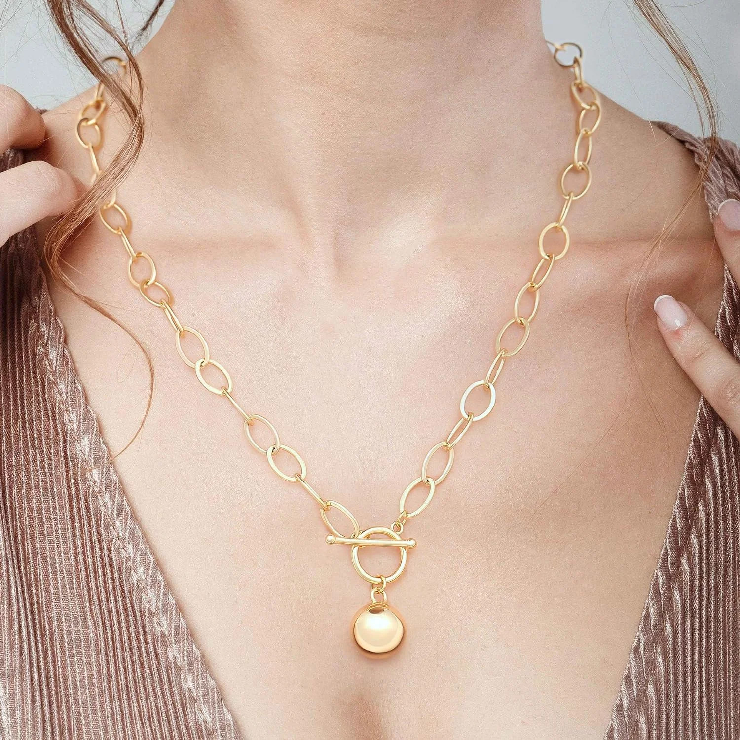 18K Gold Plated Chunky Chain Necklace for Women Harmony Ball Pendant Toggle Clas