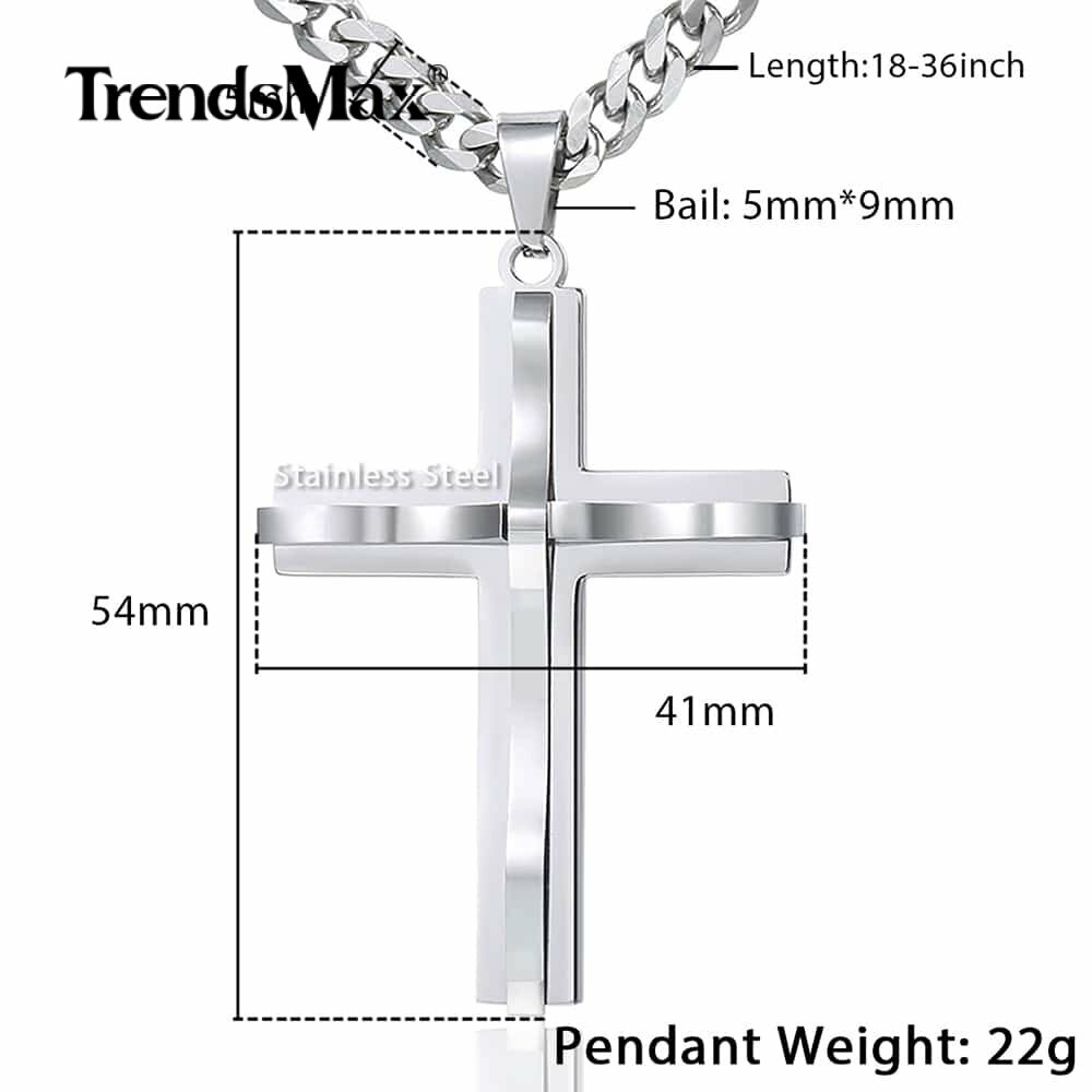Silver Mens Cross Pendant Necklace 5mm 18-36” Stainless Steel Curb Cuban Chain