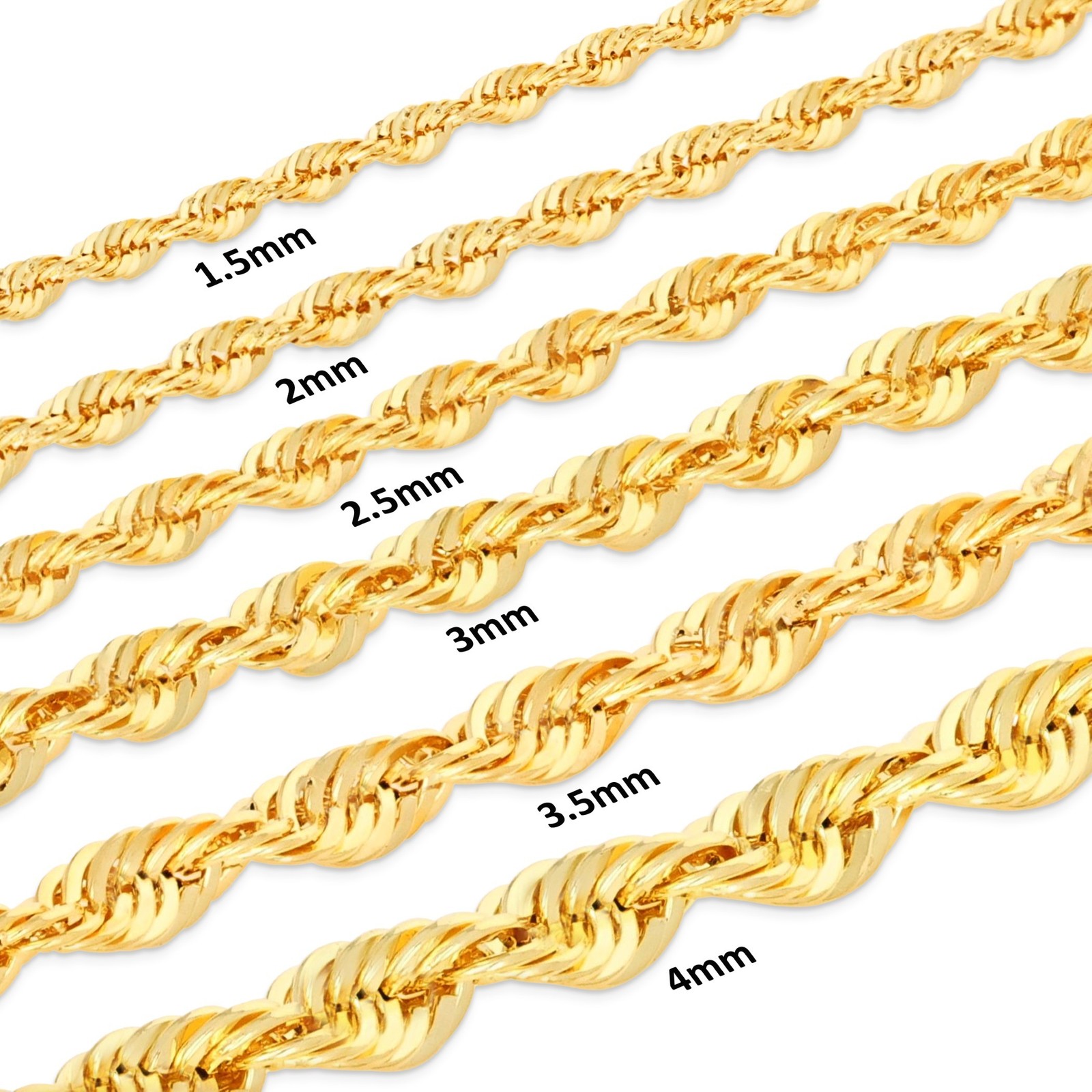 14K Yellow Gold 1mm-4mm Laser Diamond Cut Rope Chain Necklace Men Women 16″- 30″