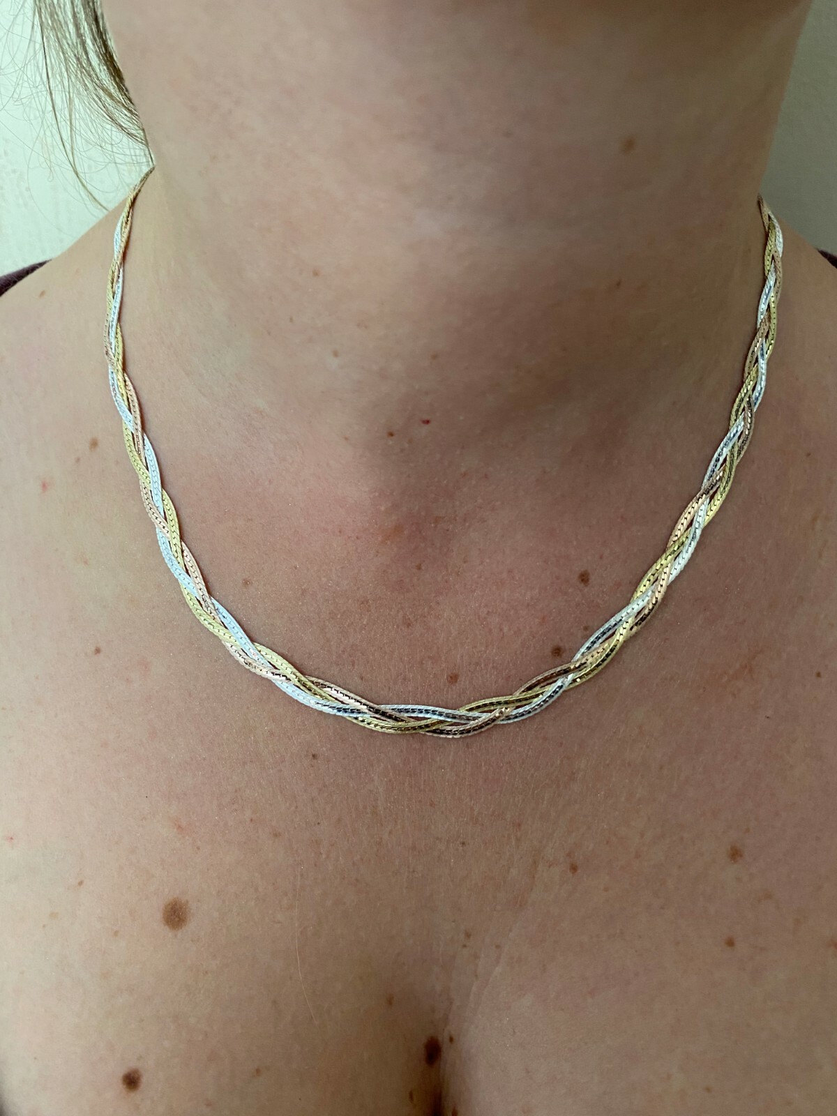 925 Silver TriColor Yellow Rose Gold Plated Twisted Braided Herringbone Necklace