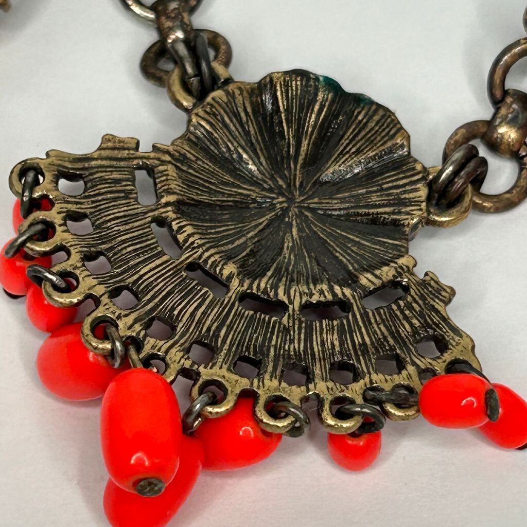 J Crew Necklace 18in +3 Brass Tone Neon Orange Bead Purple Crystals READ Flaw