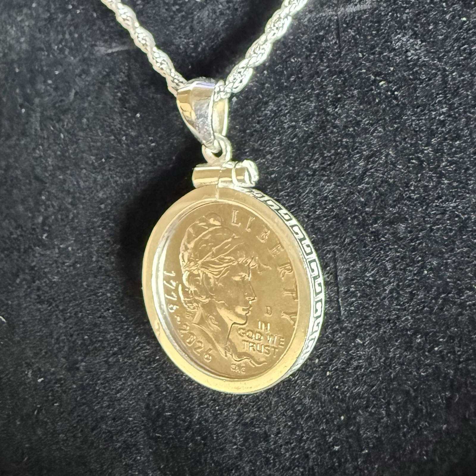 Emerging Liberty Dime Pendant Necklace w/ 925 Sterling Silver Bezel & Chain 18”