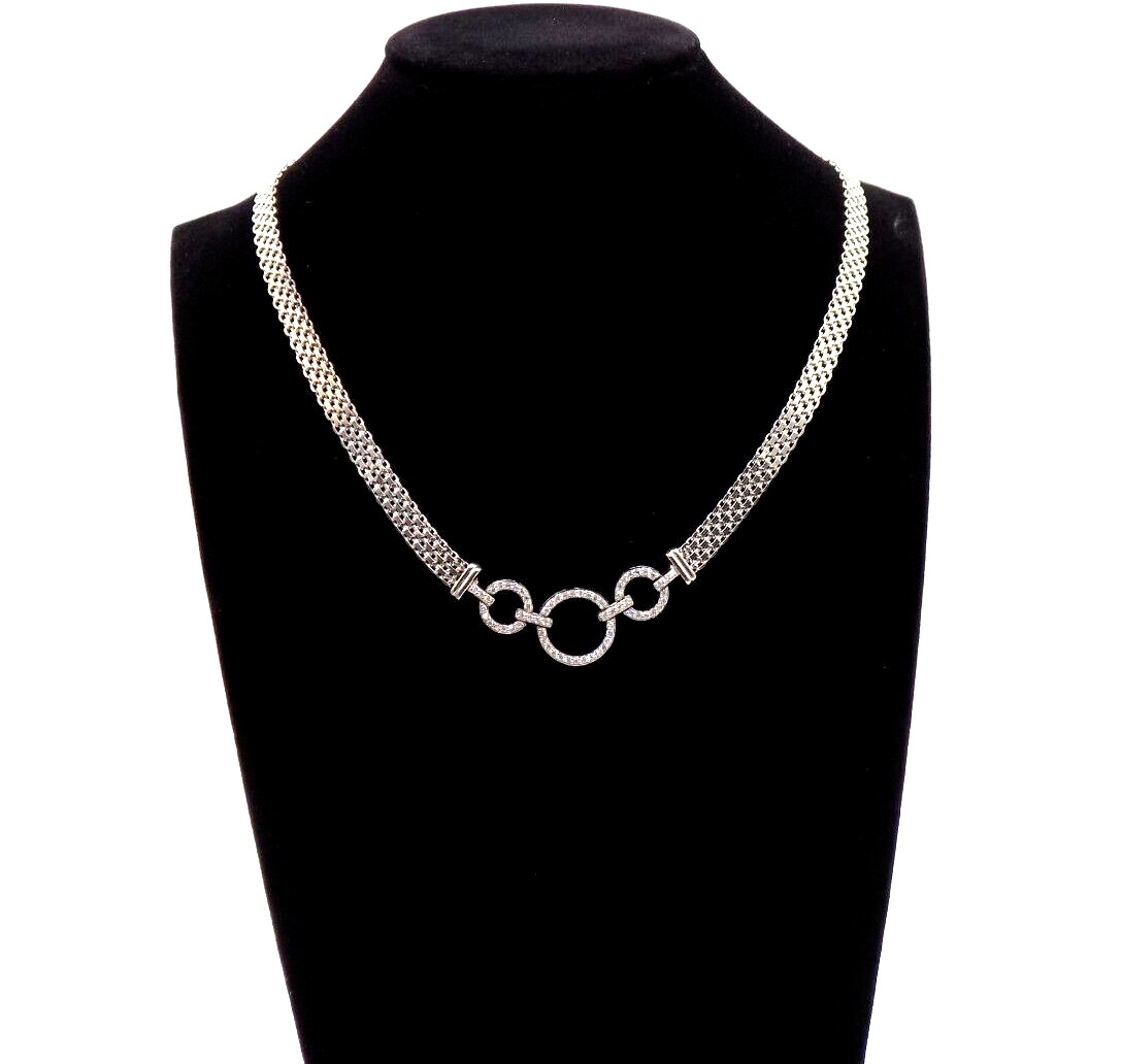 Cubic Zirconia Necklace 925 Sterling Silver Mesh White Colorless Circle Pendant