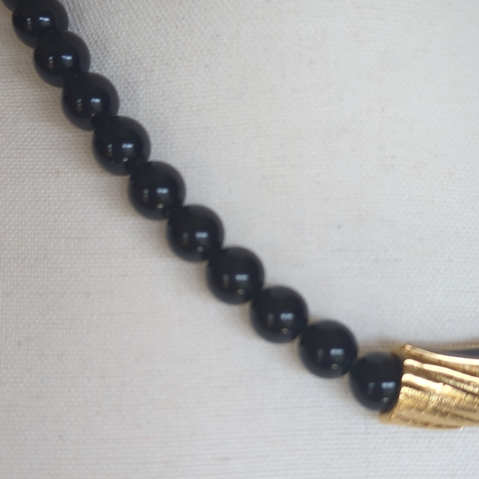 VintageTl Trifari Signed Black Plastic Beaded Statement Necklace Gold Tone Bar