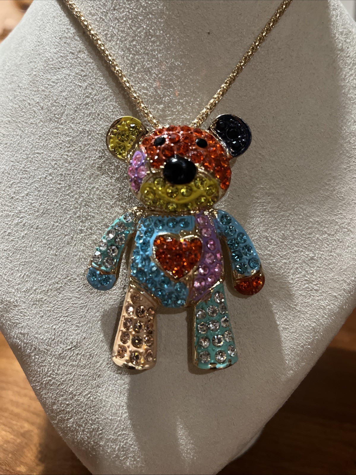 Betsey Johnson Teddy Bear Necklace Brooch Crystals 16” Chain Signed *READ*
