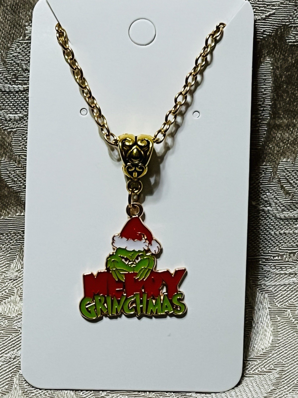 Grinch Christmas Holiday Gold Enamel Charm Adorable Boho Trendy Necklace 18”