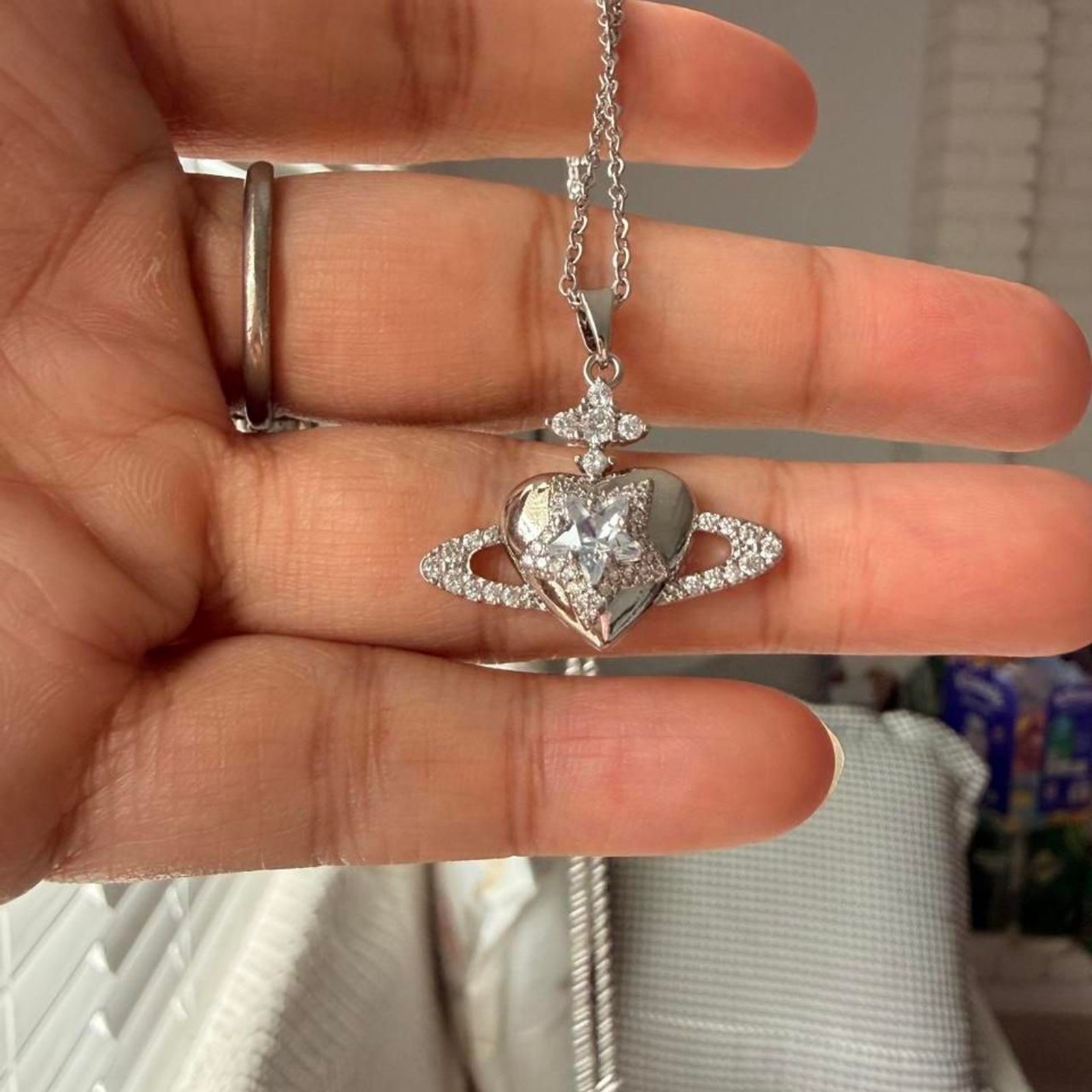 Sparkling Heart Saturn CZ Pendant Stainless Steel Necklace