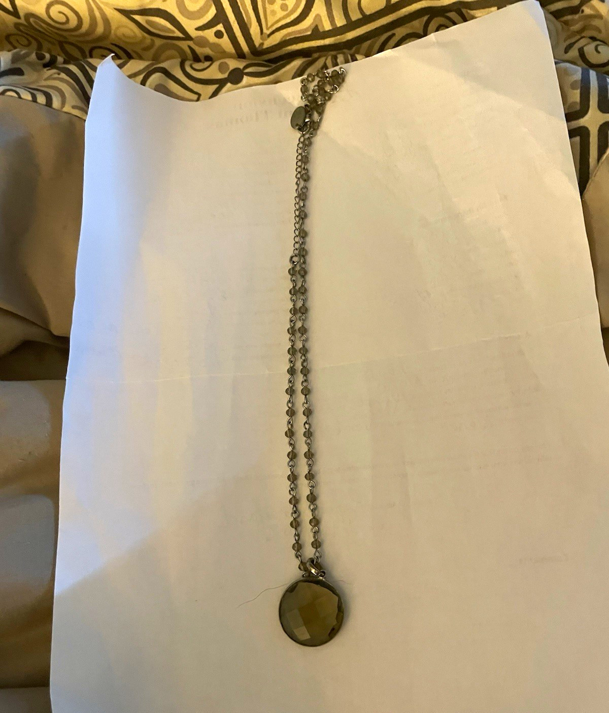 Silver Tone Rolo Chain Necklace Round Brown Glass Charm Pendant Bezel Set