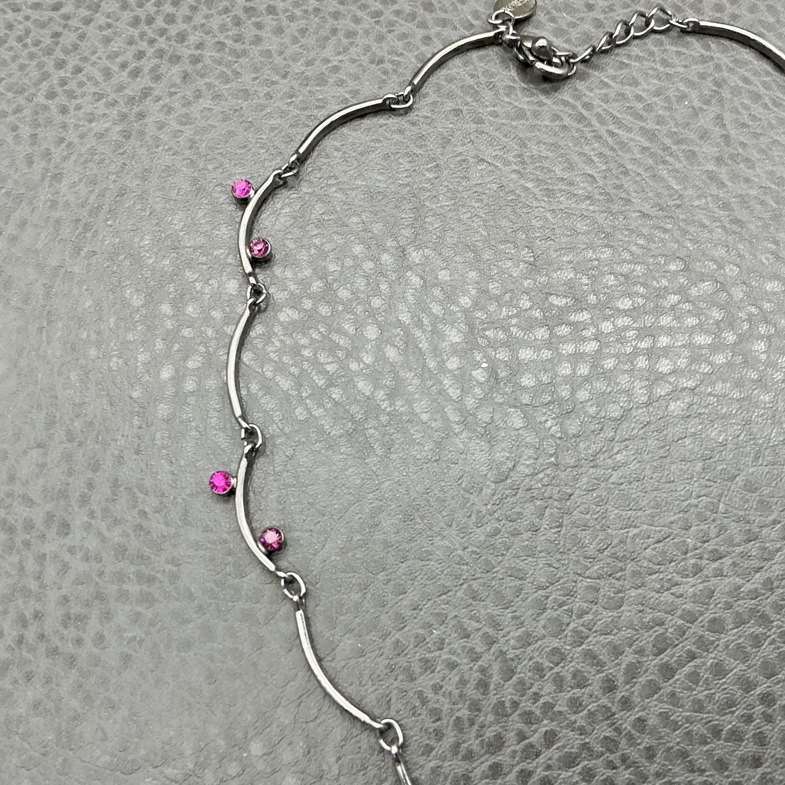Express Necklace Womens Silver Tone Pink Crystal Station Wave Bar Adjustable 16″