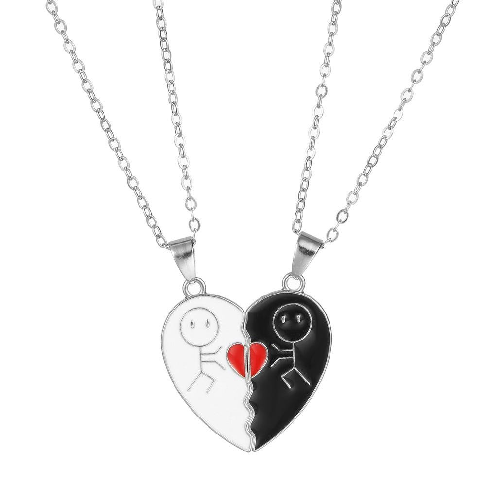 2pcs Magnet Matchstick People Lovers’ Black White Heart Pendant Chain Matching N
