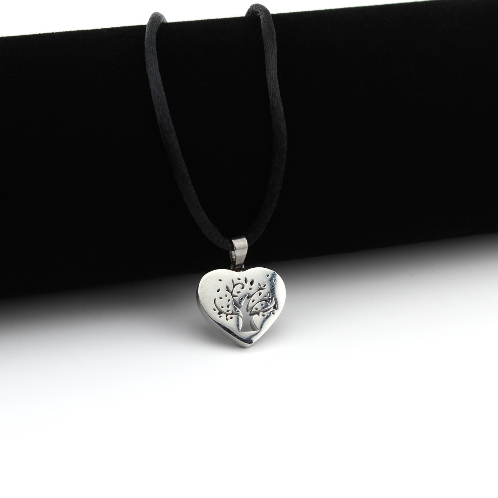 Stainless Steel Tree of Life Heart Pendant Necklace on Black Satin Silk Cord