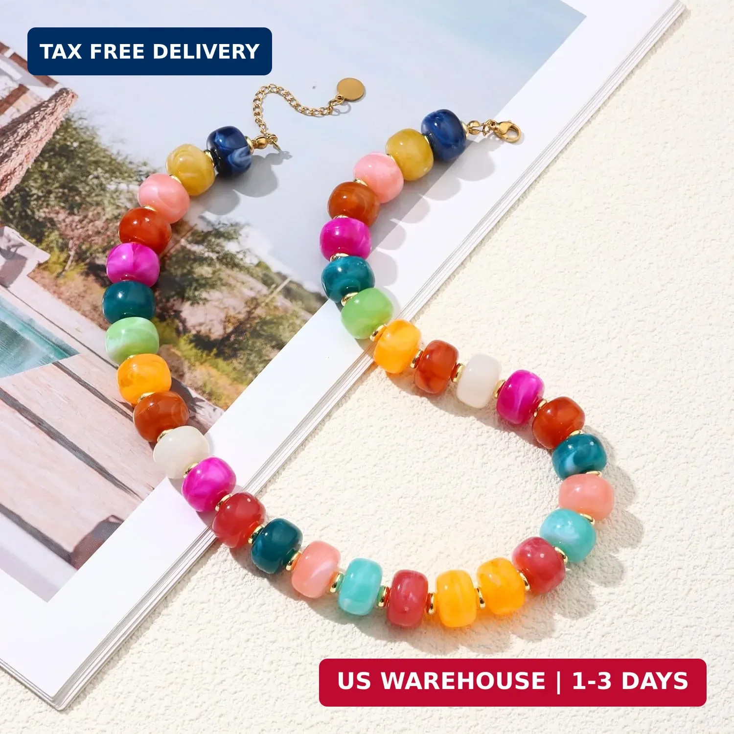 Chunky Beaded Statement Necklace for Women Trendy Colorful Boho Resin Bead Choke