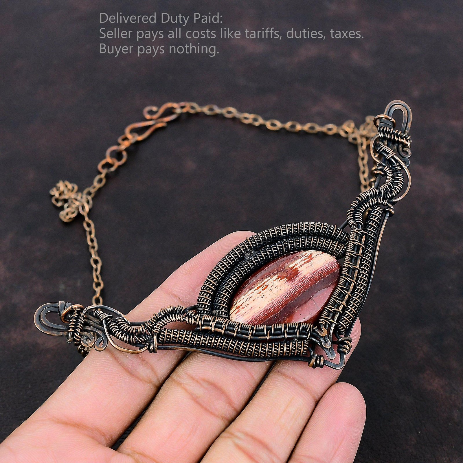 Oval Red Snakeskin Jasper Stone Engagement Wire Wrapped Necklace Jewelry Copper