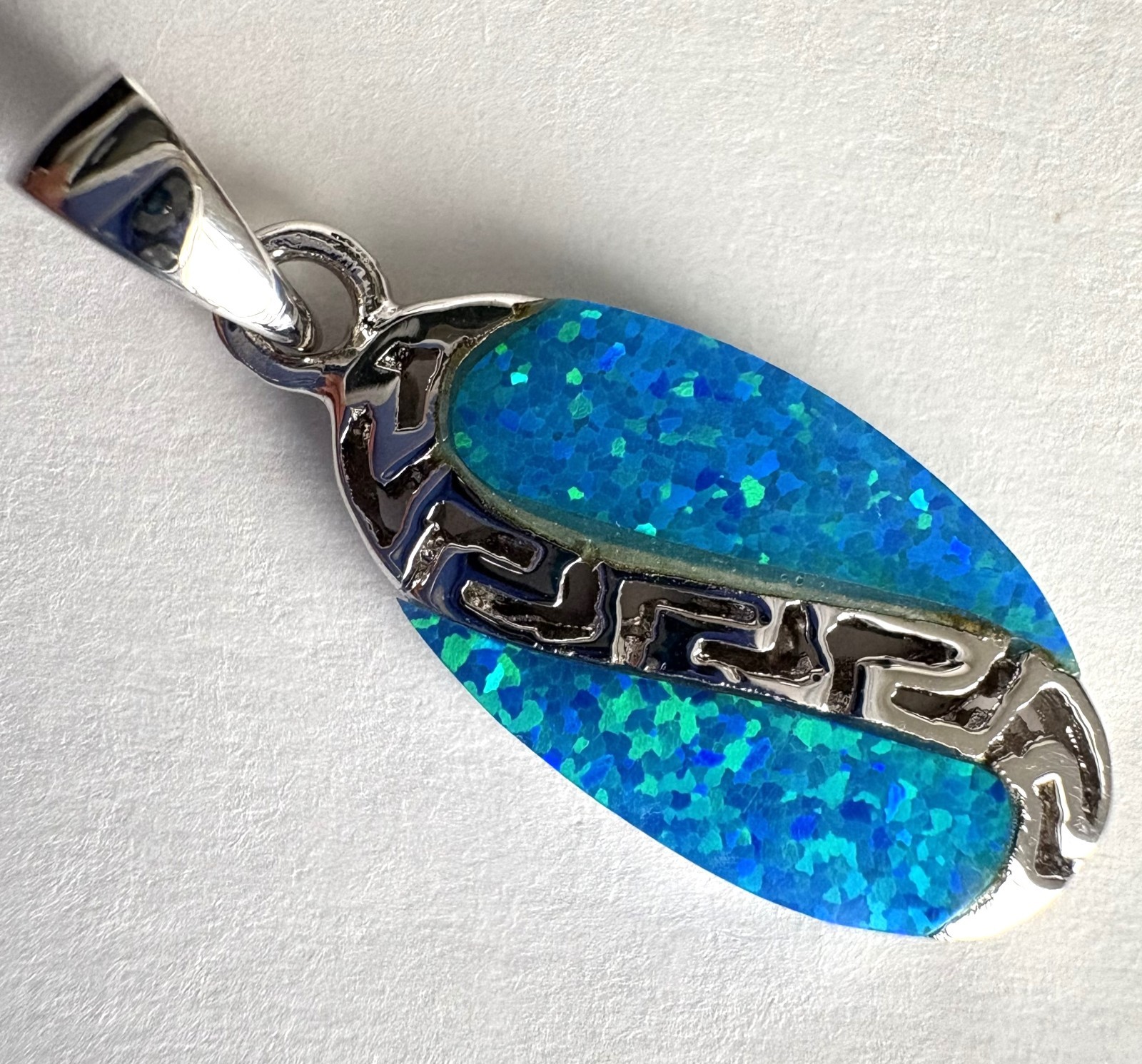 Sterling Silver Blue Fire Opal Surfboard Wave Pendant 925 Hawaiian Style Inlay