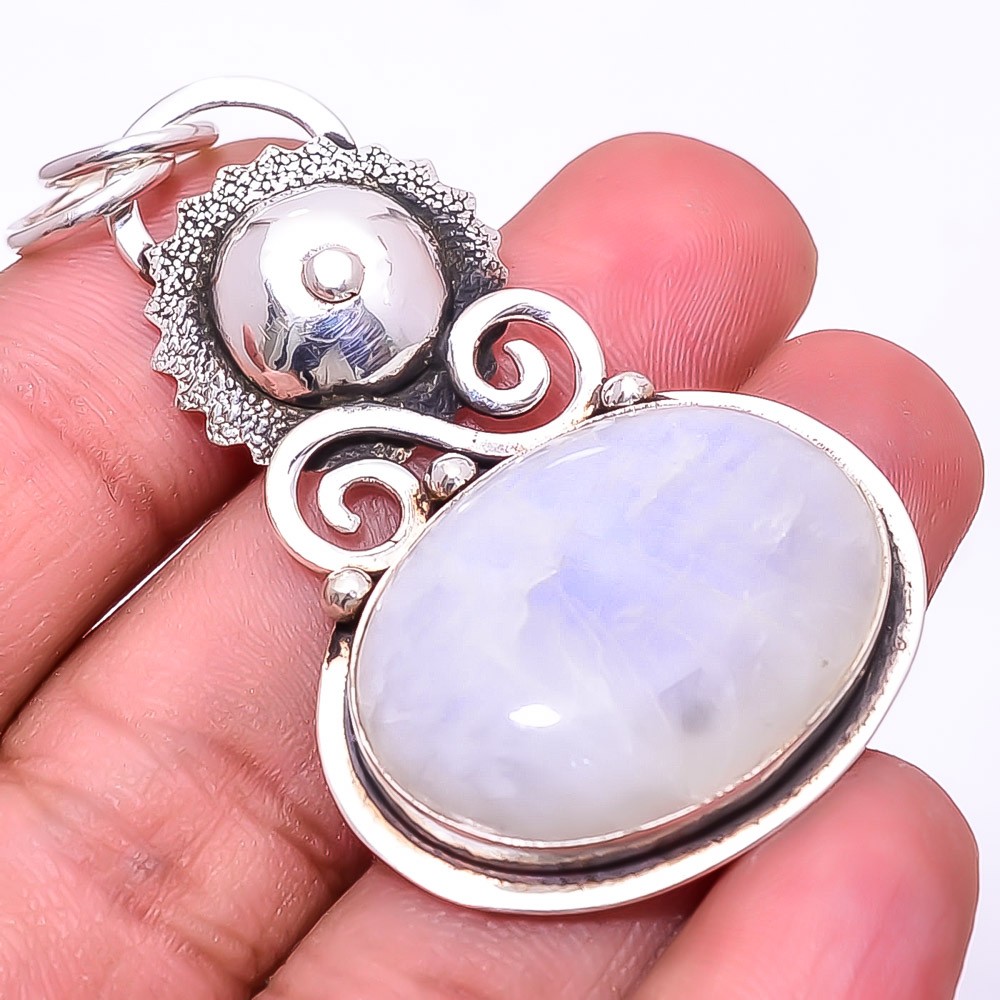 Rainbow Moonstone – India Designer Handmade 925 Sterling Silver Pendant 2.15″P11