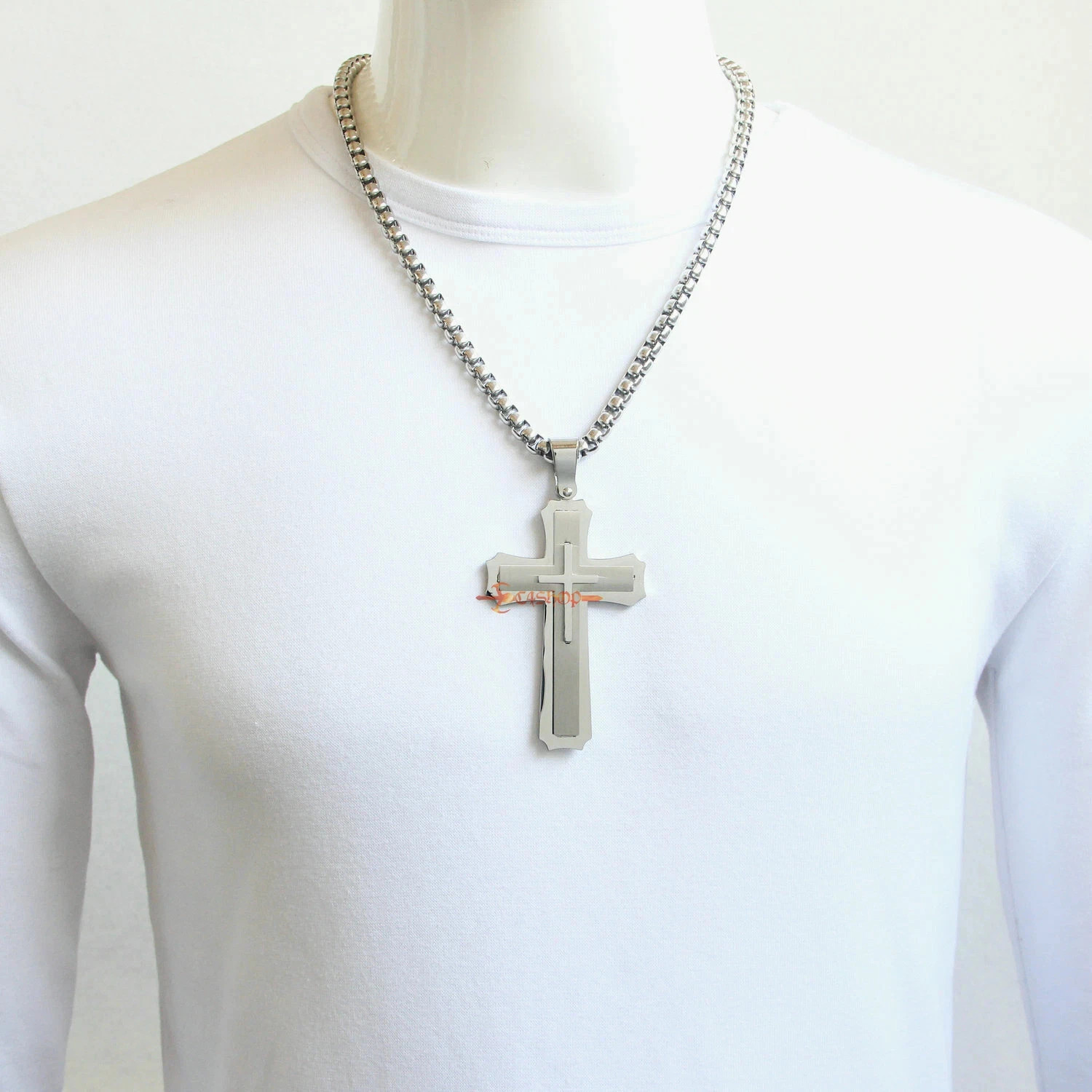 Huge Stainless Cross Men’s Necklace Pendant Heavy Large Silver Polished 3 Layer