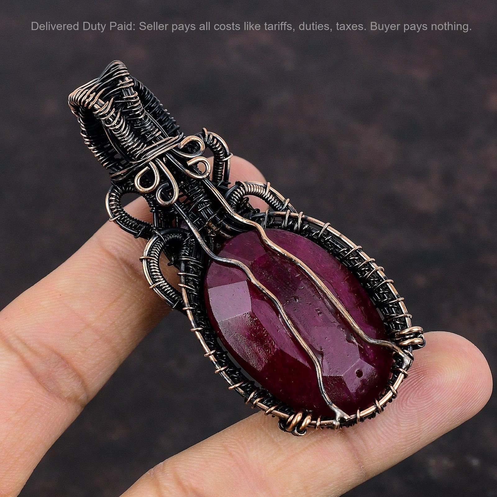 Oval Natural Kashmir Rubi Copper Anniversary Sister Wire Wrapped Pendant Jewelry