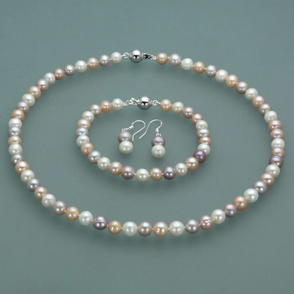 7-8mm Real Natural Freshwater Pearl Necklace Bracelet Earrings Jewelry Set