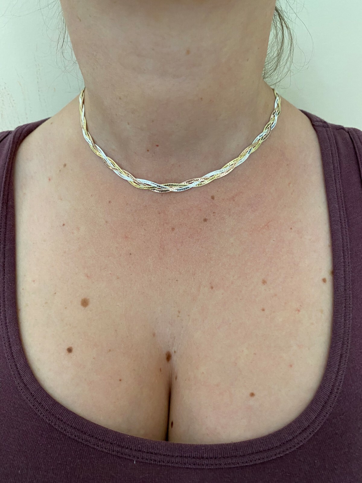 925 Silver TriColor Yellow Rose Gold Plated Twisted Braided Herringbone Necklace