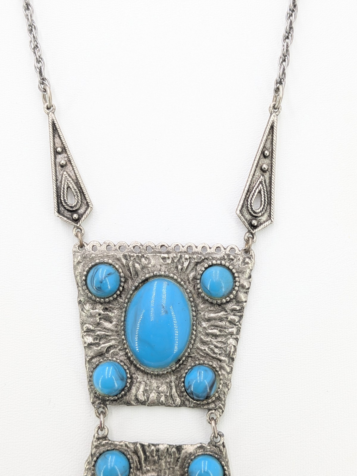 Vintage Fringe Pendant Necklace Faux Turquoise Silver Tone SW Boho 29in Tribal