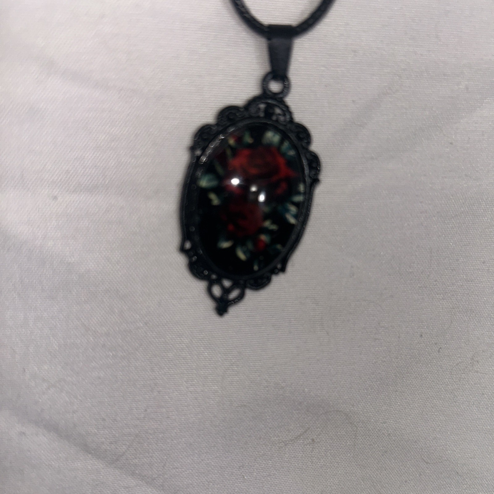 Black Chain Necklace with Burgundy Red Rose Cameo Pendant 20” Long W/extension