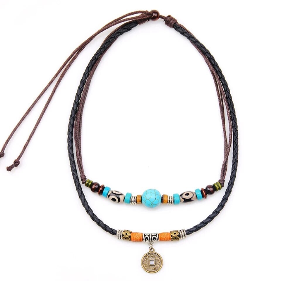 Men’s Fashion Jewelry Brown Leather Beaded Rope Necklace Unisex USA