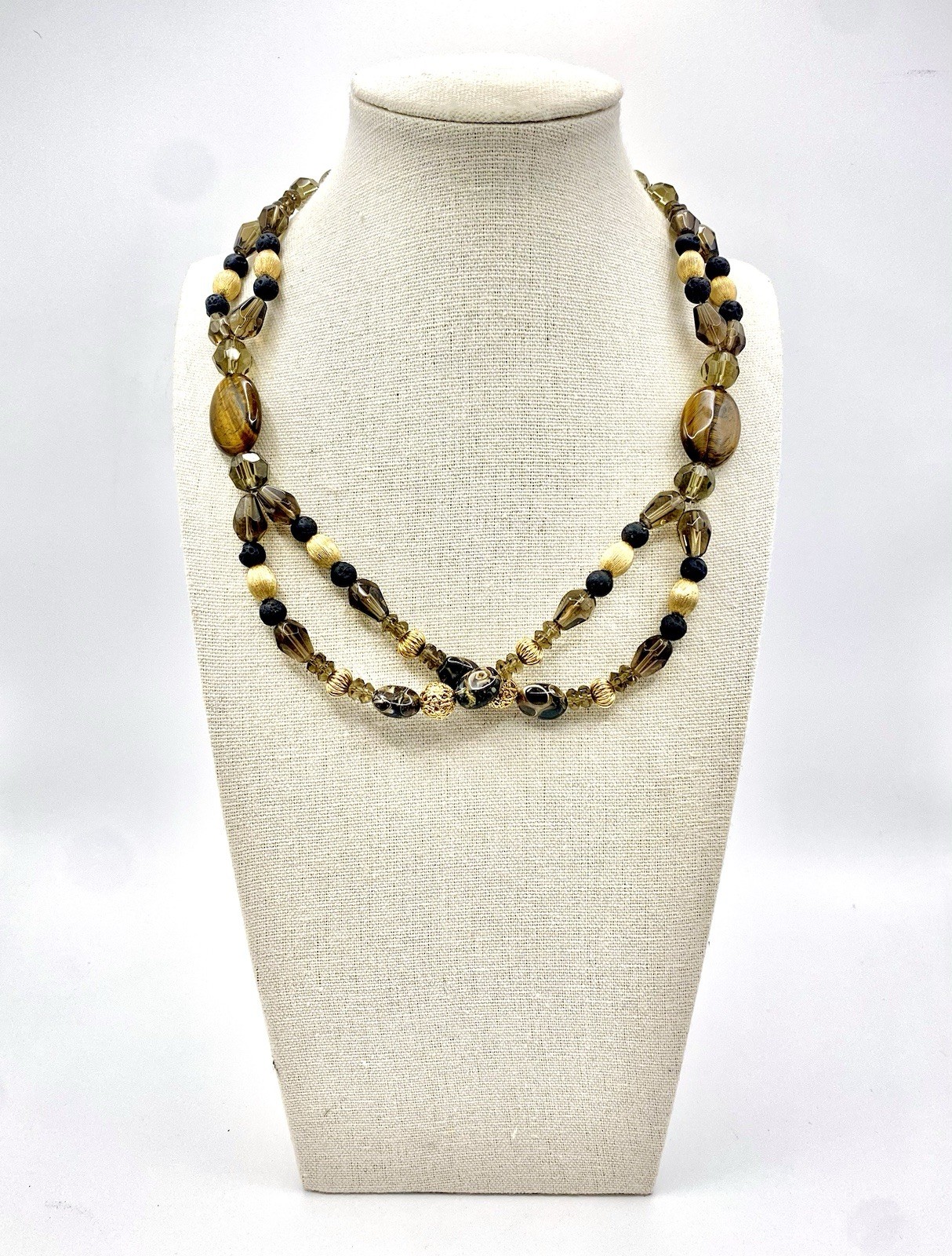 Vintage Double Strand Tiger Eye Lava Rock Agate Brown Necklace Gold Tone Beads