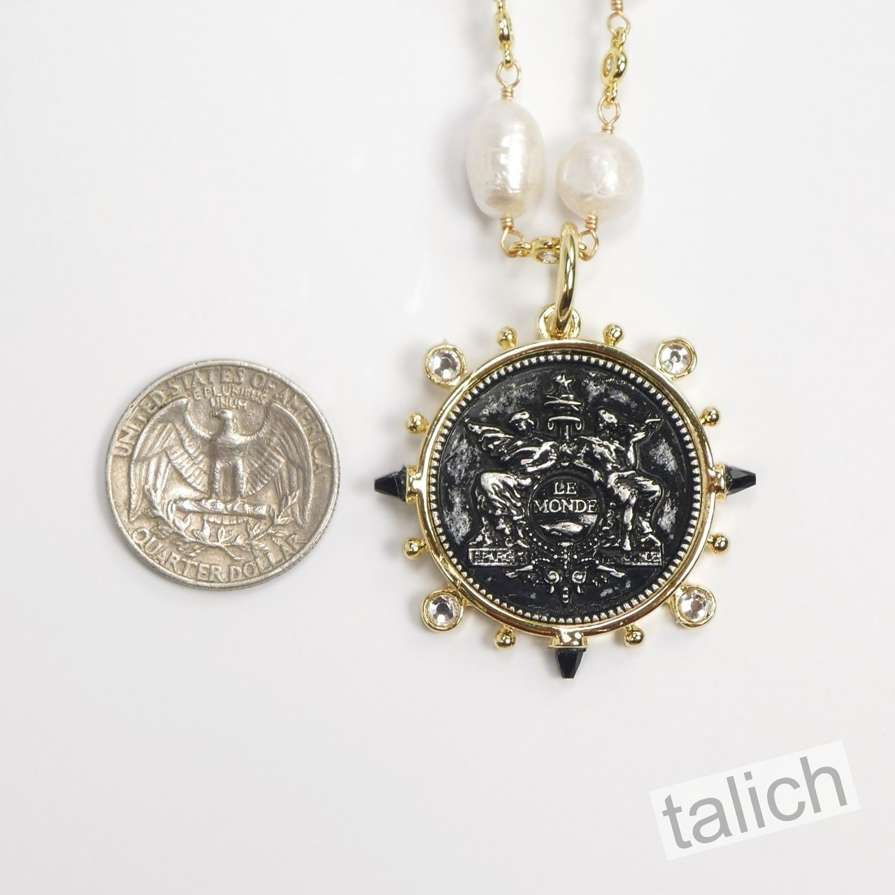 Designer VB&CO Chunky White Pearl Necklace with Large Le Monde Coin Pendant Chic