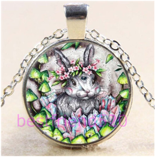 New! Rabbit Easter Vintage Photo Cabochon Glass Silver Chain Pendant Necklace
