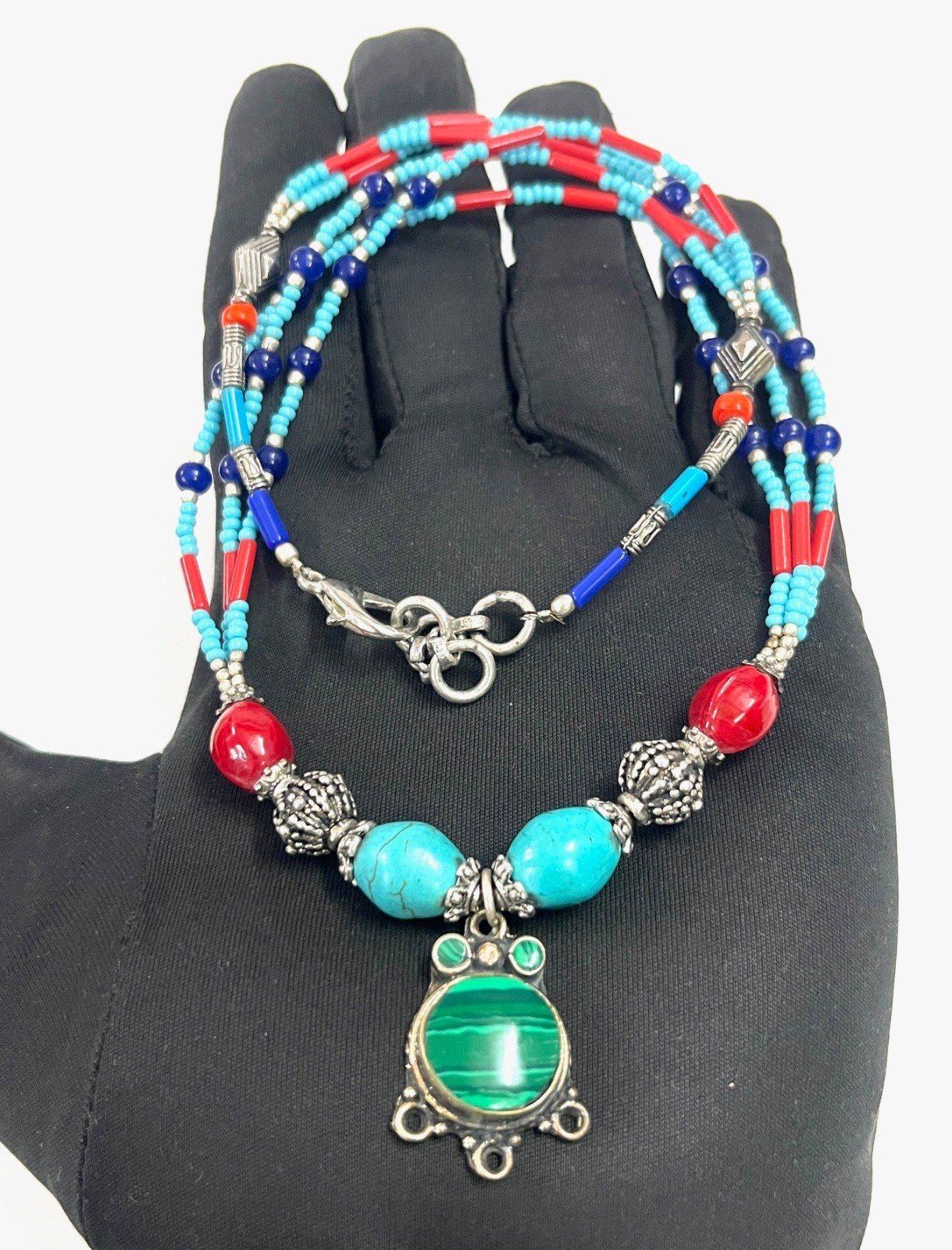 Turquoise Lapis Gemstone Tibetan Boho Pendant Necklace Jewelry, 17 Inc Adjs