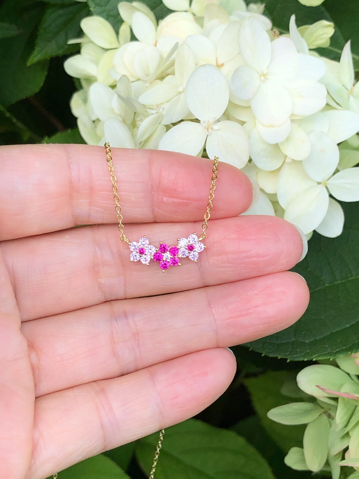 925 Sterling Silver CZ Pink Flower Pendant Gold Necklace Three Flower 16mm 17.5″