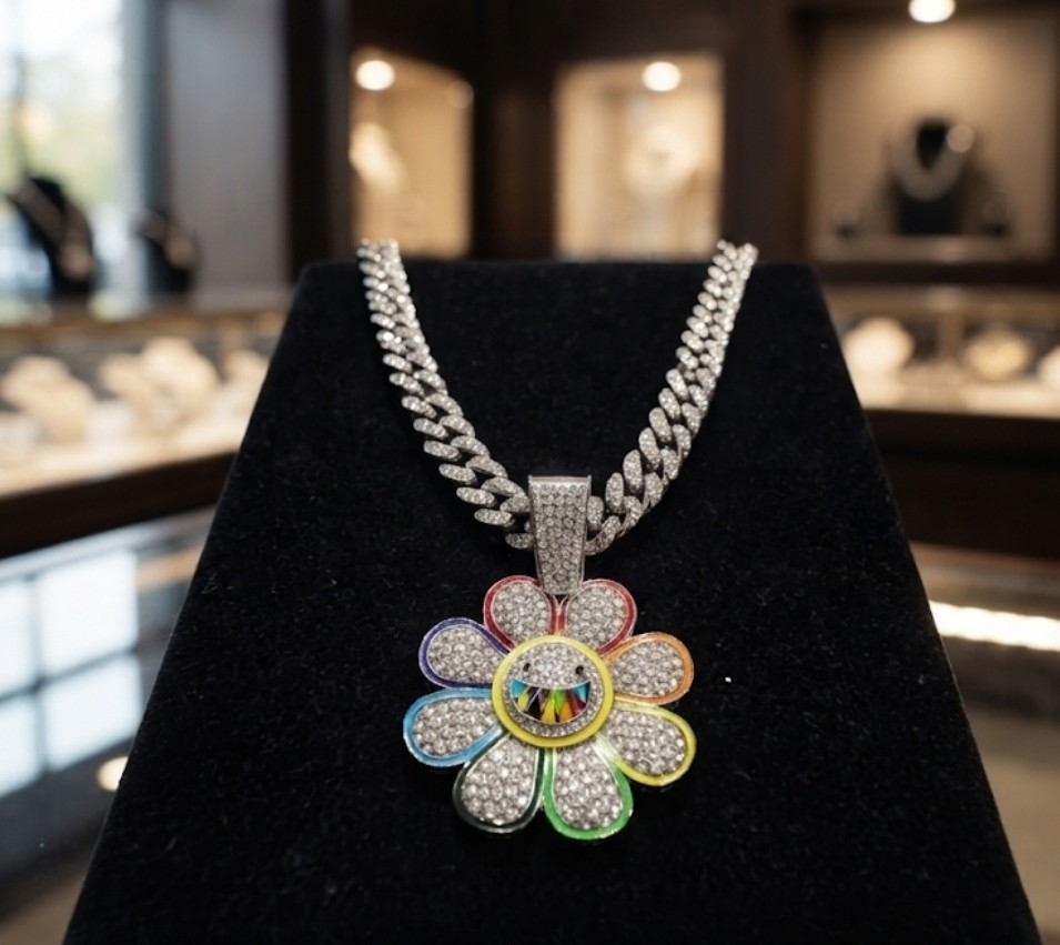 Iced Out Rainbow Flower Pendant Cuban Chain Set Silver Plated CZ Stones 24″×14mm