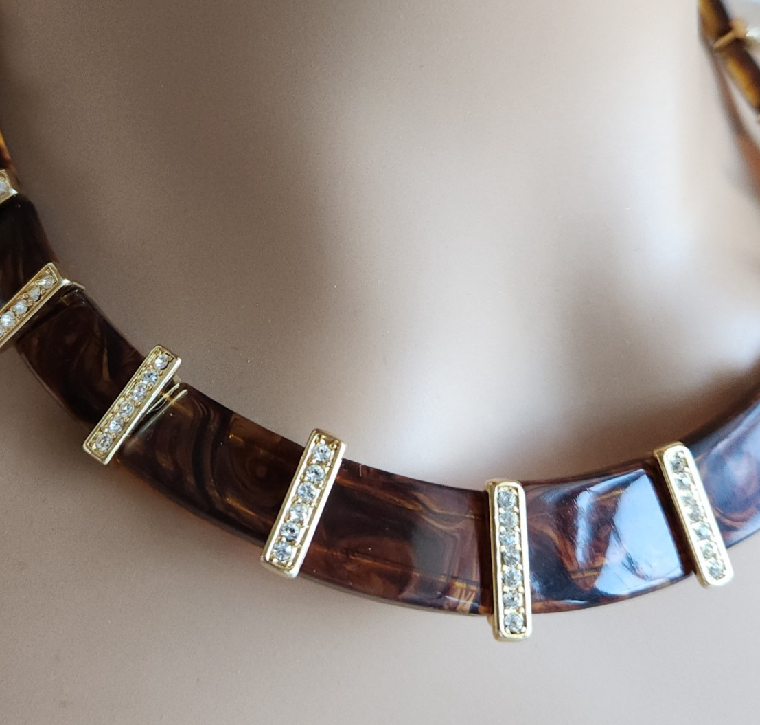 Lia Sophia Kian Lucite Rhinestone Choker Necklace Tortoise Collar