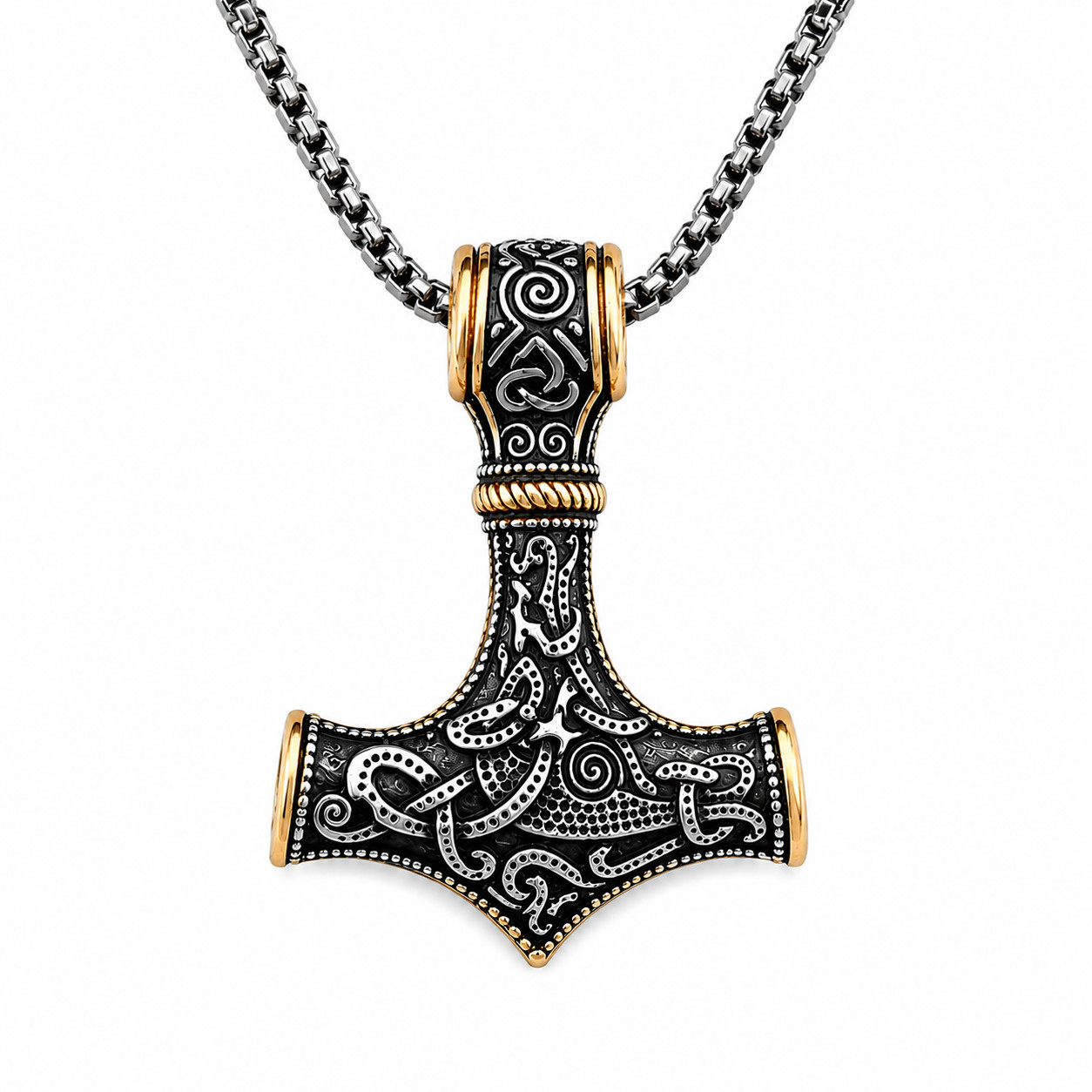 Norse Viking Mjolnir Hammer Pendant Necklace Antique Silver & Gold Celtic Chain