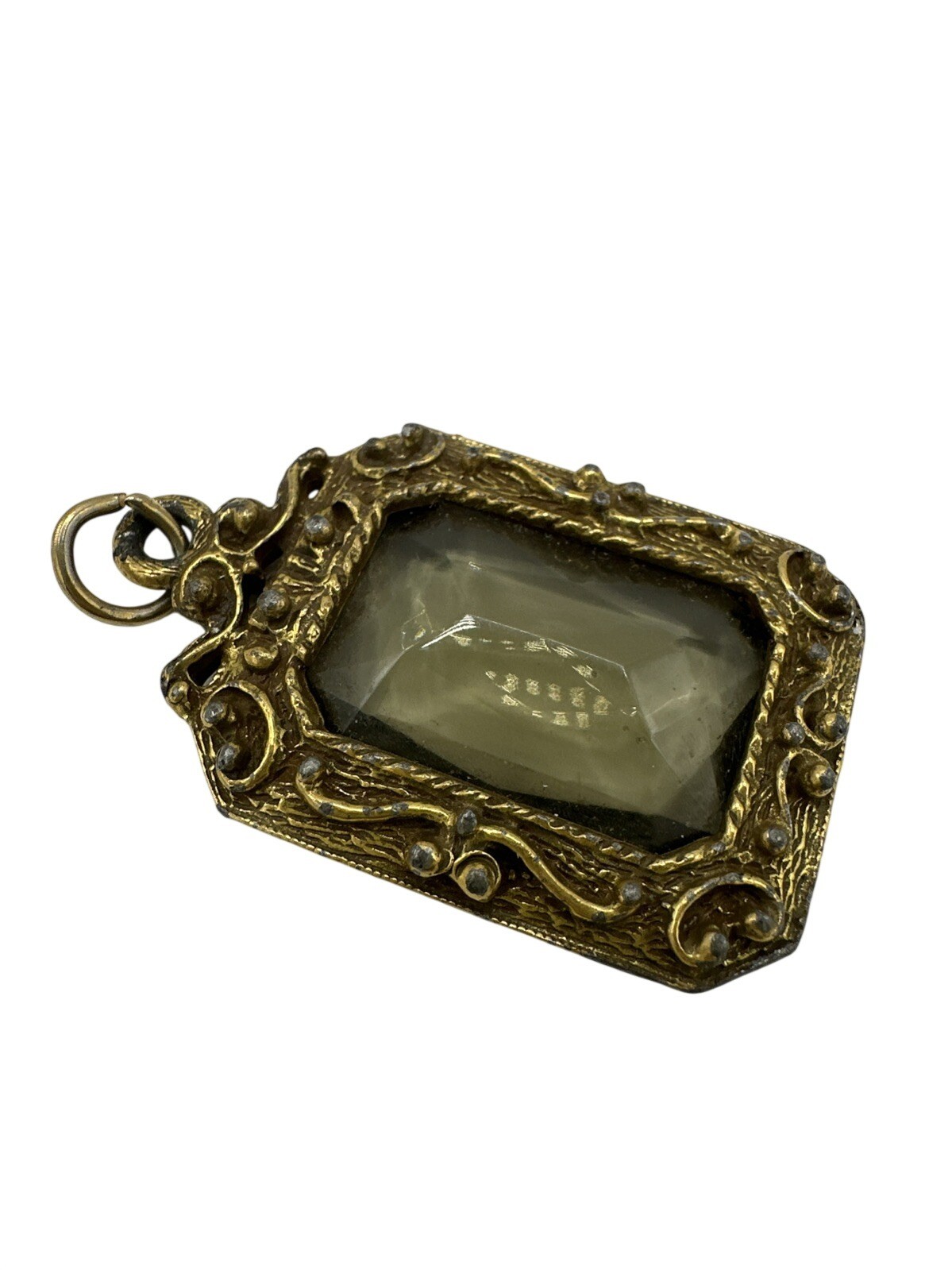 Large Emerald Cut Glass Stone Filigree Goldtone Setting Pendant Intricate