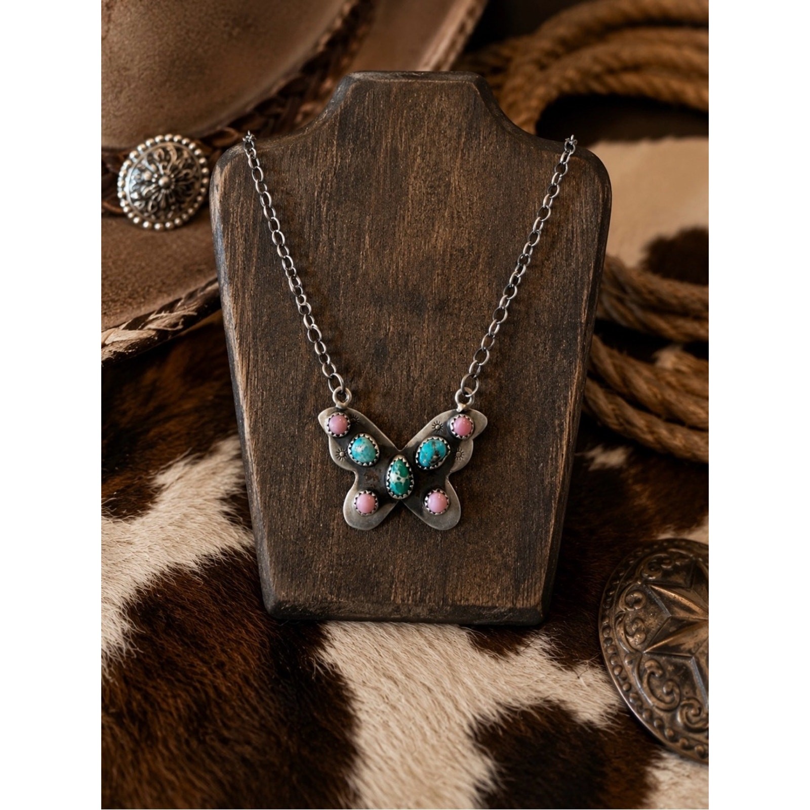 Whitewater Turquoise & Pink Conch Sterling Silver Butterfly Pendant Necklace