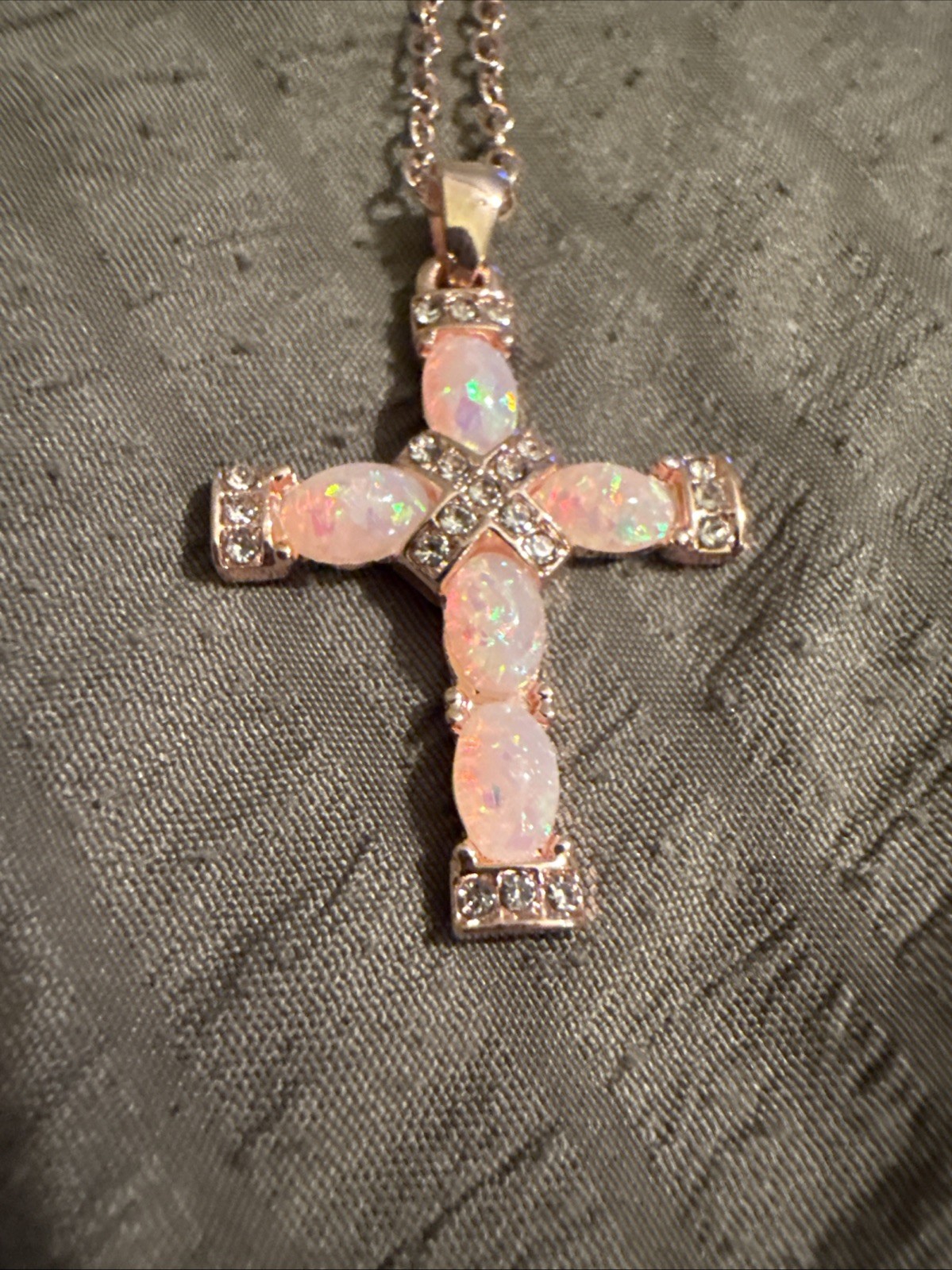 Rose Golden Hip Hop Pinkish Blue Glass Stones Cross Necklace W/rhinestones