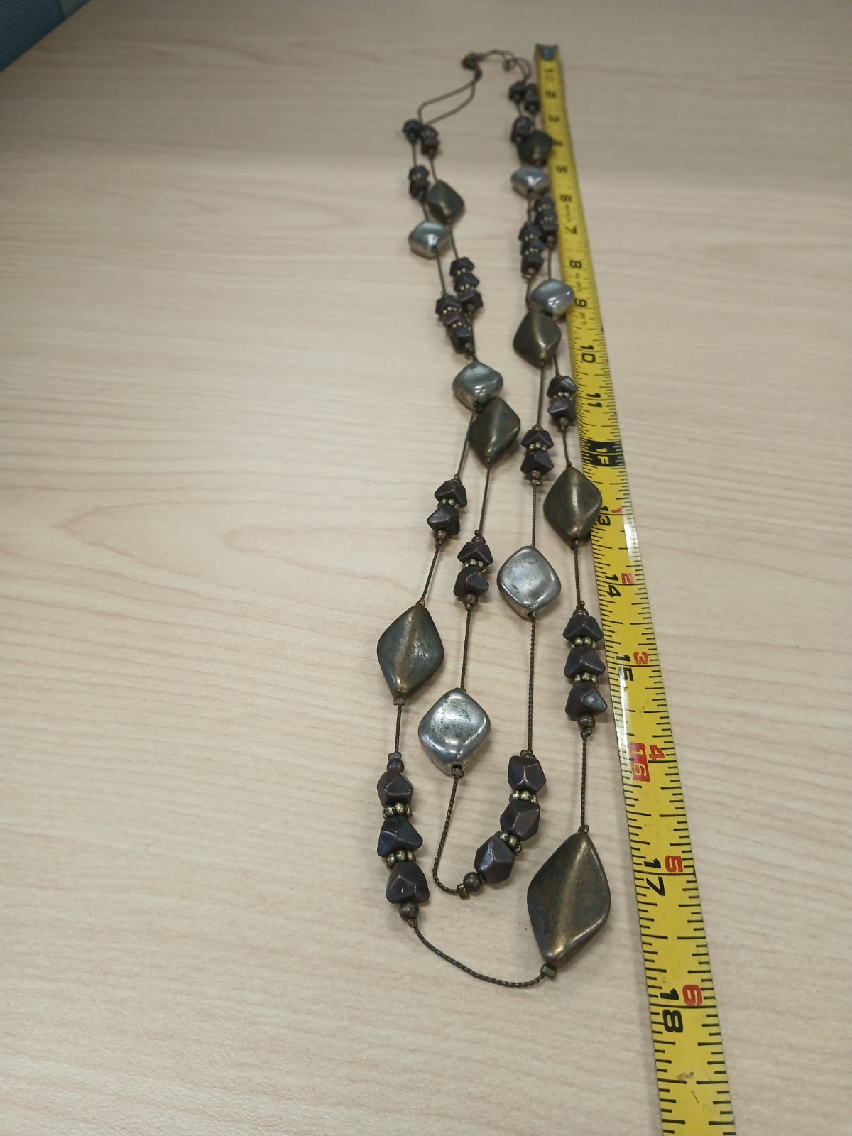 Layered Multi-Strand Beaded Cord Necklace Bronze Silver Black Lobster 36 in