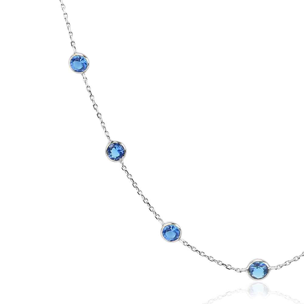 14K White Gold Necklace With Synthetic Blue Sapphire Cubic Zirconia 24 Inches