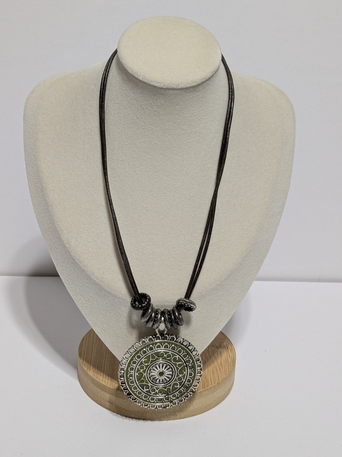 Faux Leather Brown Necklace With Silver Tone & Green Enamel Medallion Pendant
