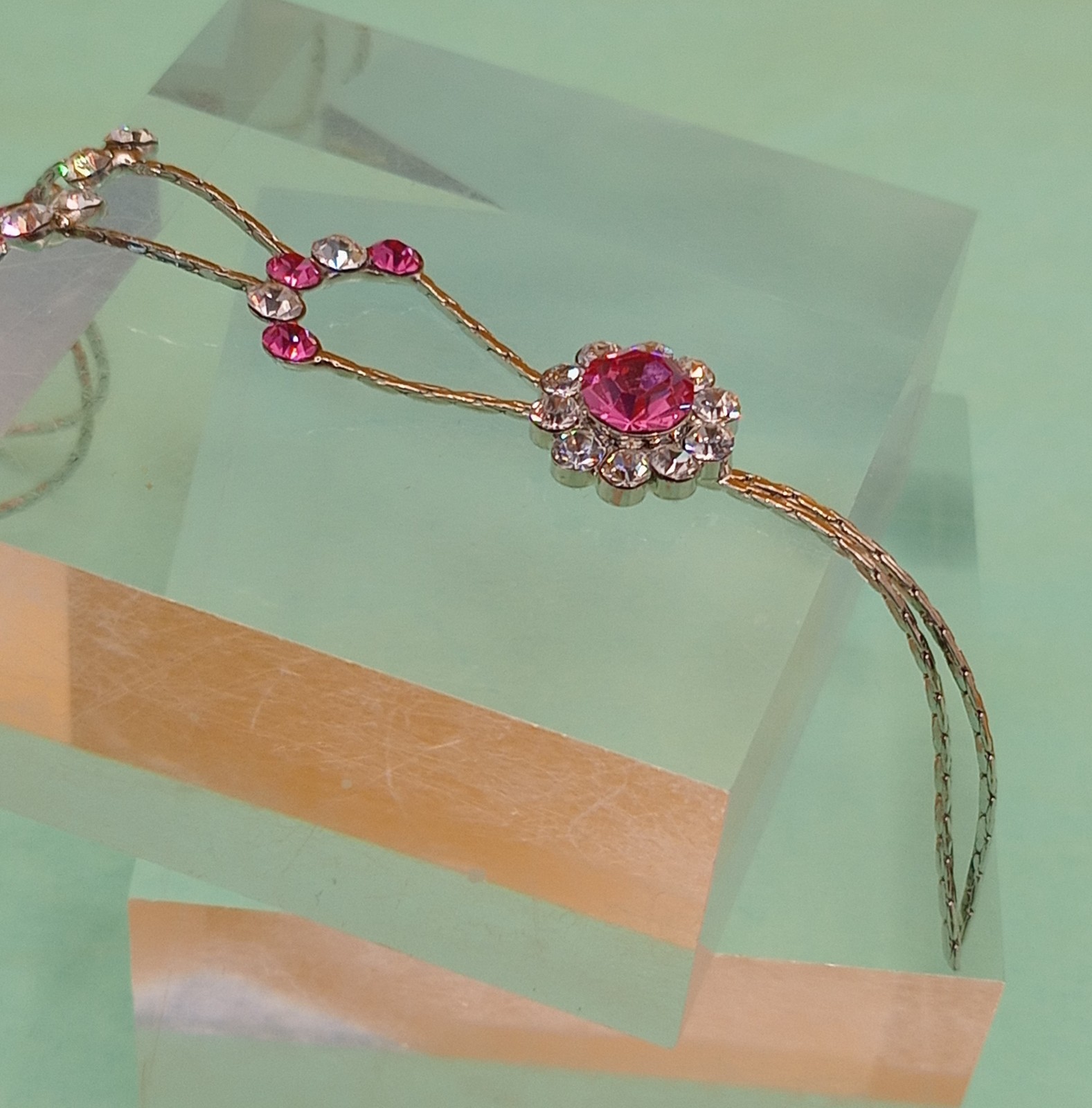 SPlated Ydrop Necklace WPink&White/ColorLess Rhinestones Flower Shape Drop