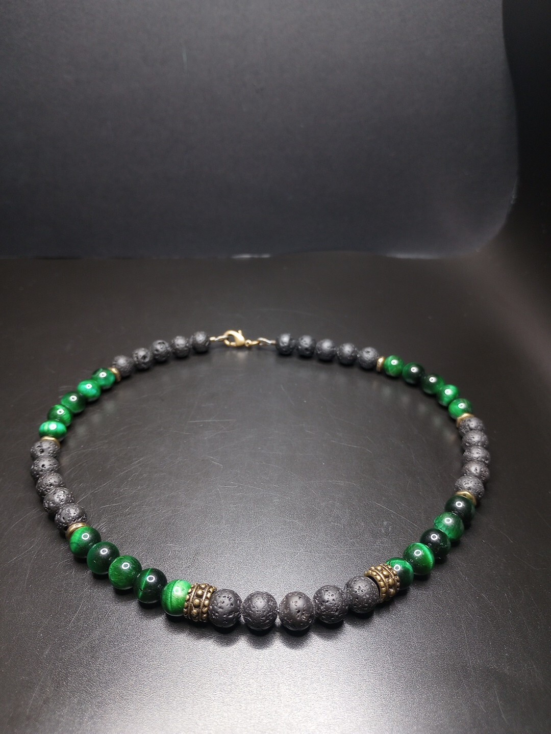 Black Lava Rock and Green Tiger’s Eye Necklace 16″