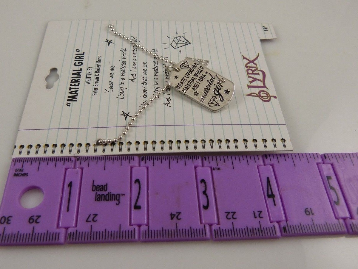 Material girl Necklace bling lyrics on charm 18 in dog tag silver tone