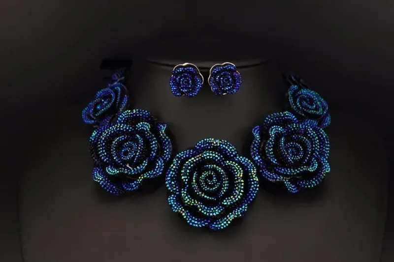 Blue Resin Flower Necklace Earrings Set Women Chunky Statement Jewelry New Gift