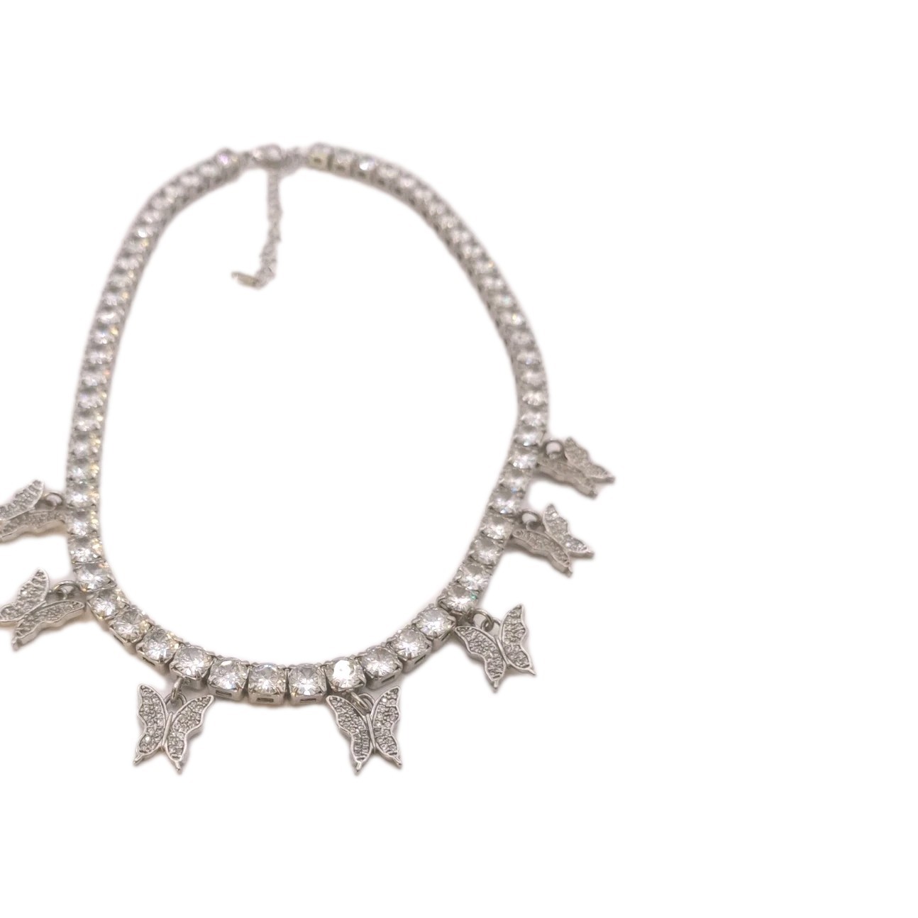 Clear Butterfly Charm Necklace Rhinestone Silver Tone Adjustable 13 to 15 in